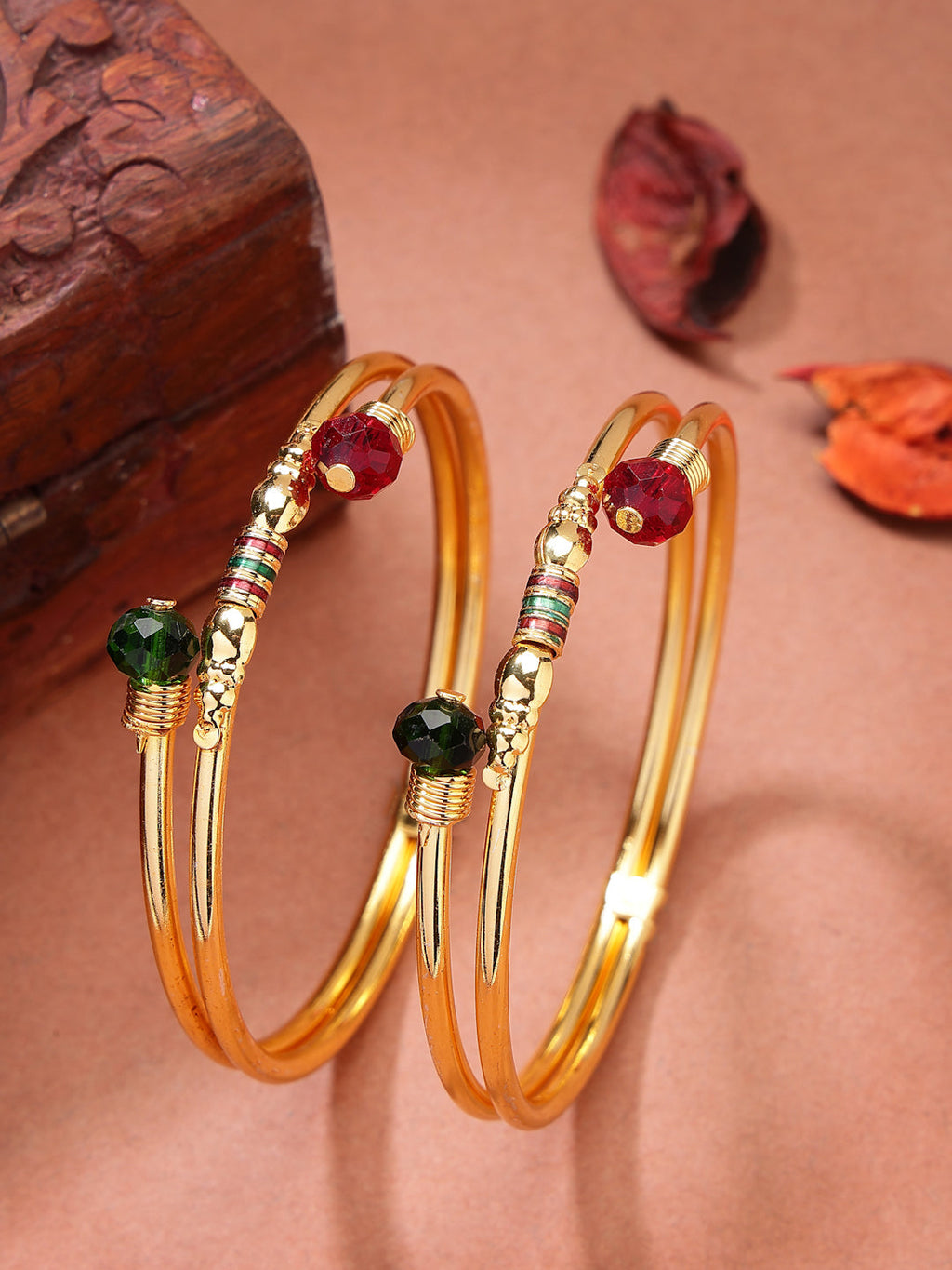 NVR Women's Set of 2 Gold-Polished Artificial Beads Traditional Bangles