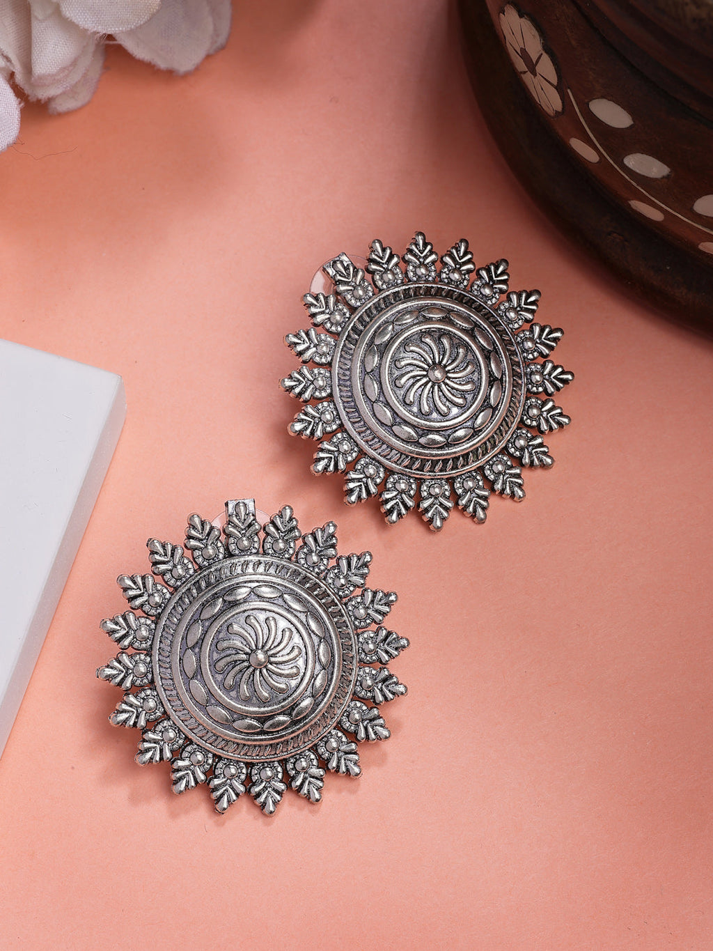 NVR Women Silver Plated Oxidized Circular Shape Stud Earrings | Grocsy
