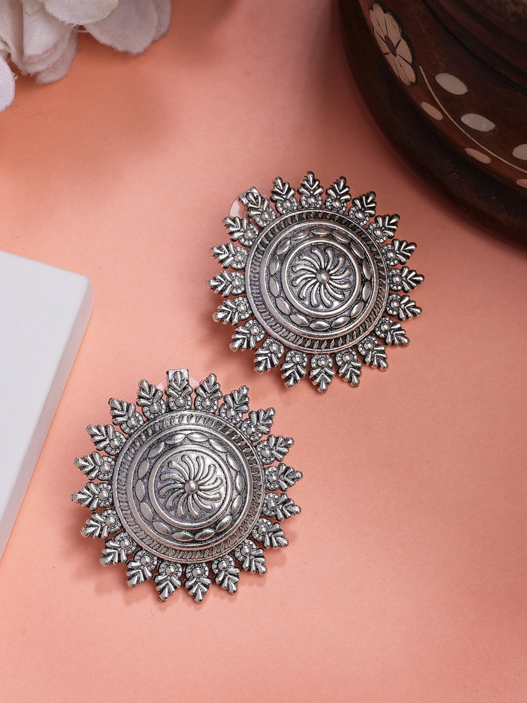 NVR Women Silver Plated Oxidized Circular Shape Stud Earrings | Grocsy
