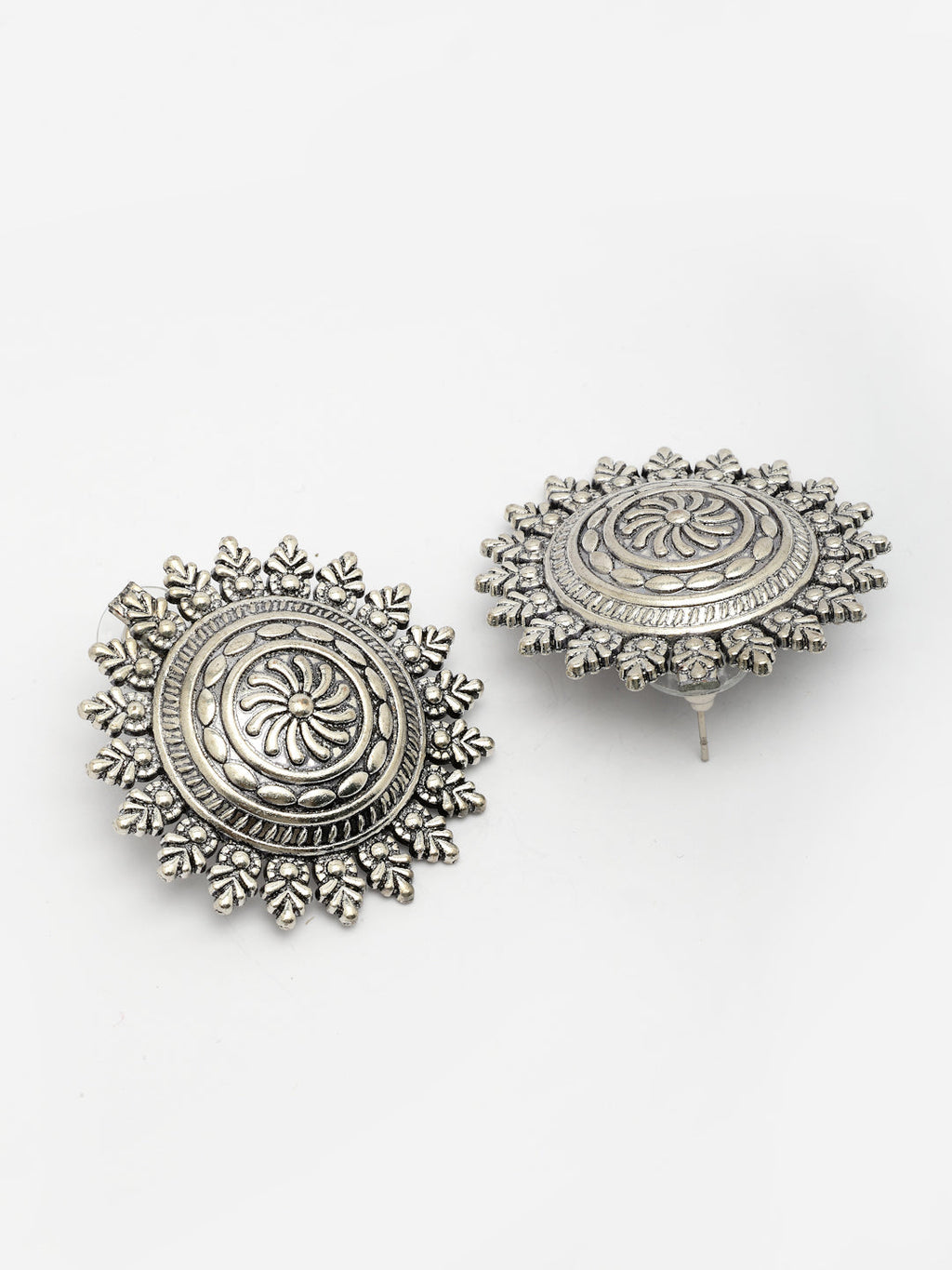 NVR Women Silver Plated Oxidized Circular Shape Stud Earrings | Grocsy