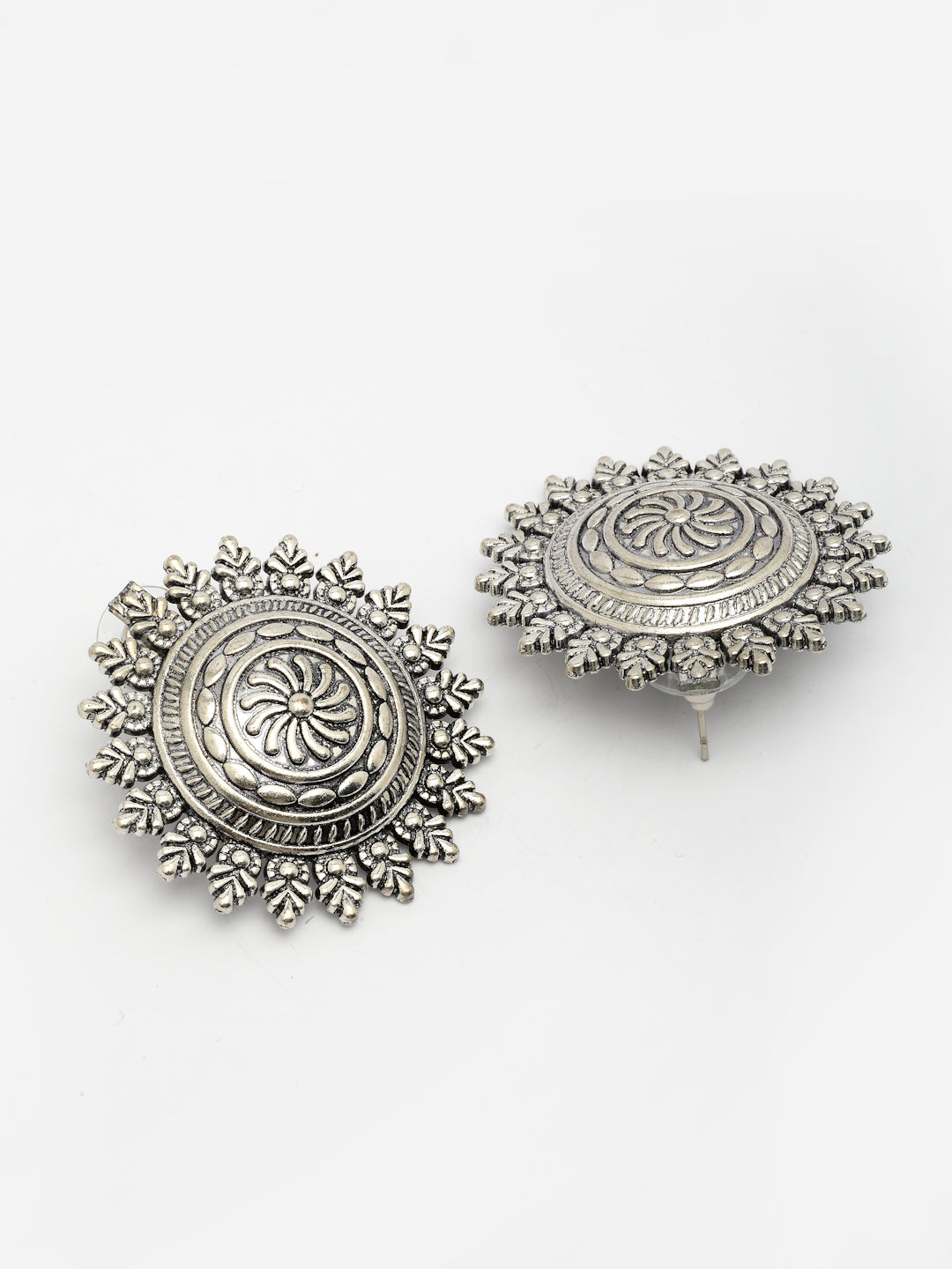 NVR Women Silver Plated Oxidized Circular Shape Stud Earrings | Grocsy