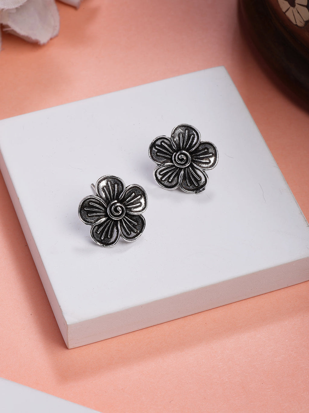 NVR Women Silver Plated Oxidized Floral Shape Stud Earrings | Grocsy
