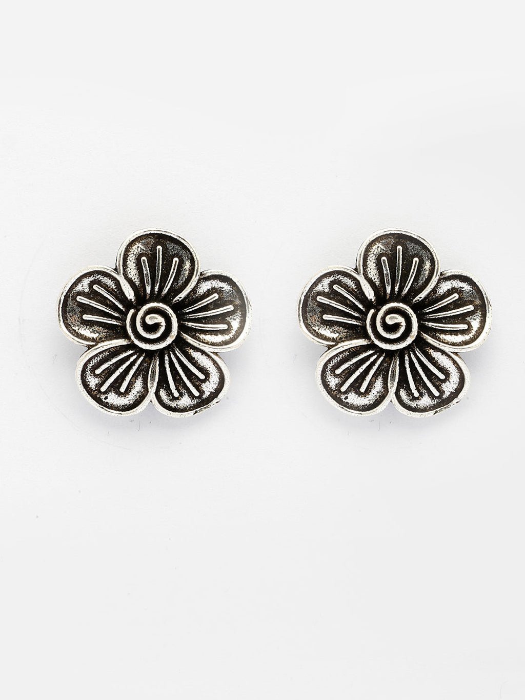 NVR Women Silver Plated Oxidized Floral Shape Stud Earrings | Grocsy