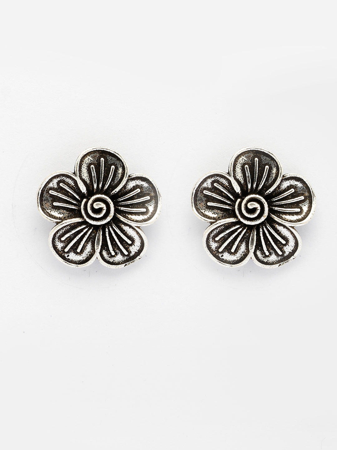 NVR Women Silver Plated Oxidized Floral Shape Stud Earrings | Grocsy