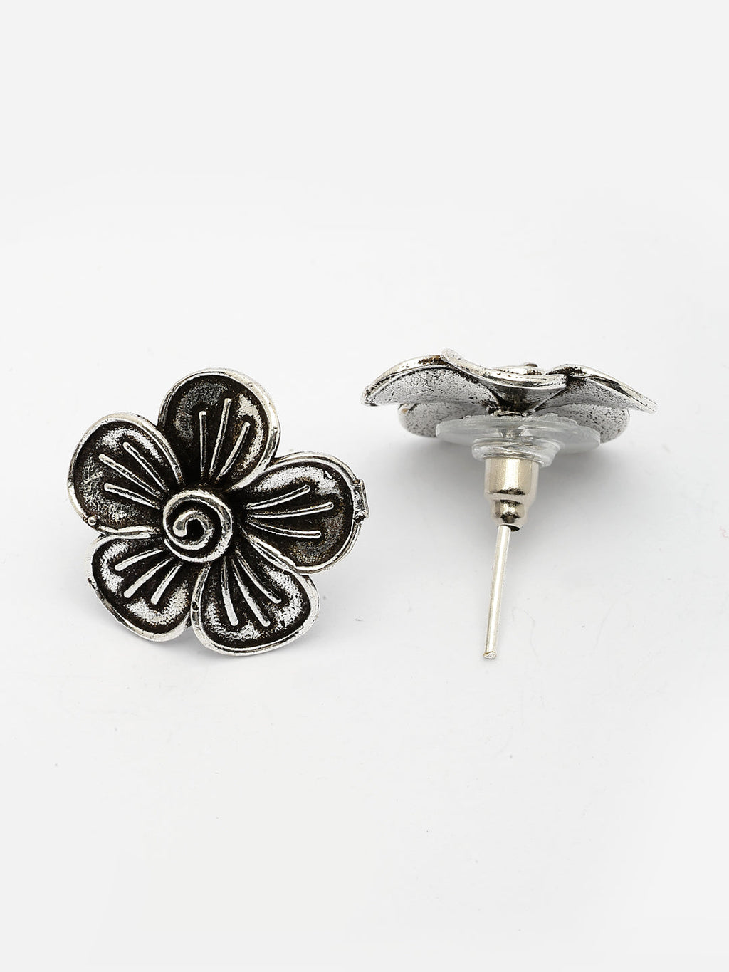 NVR Women Silver Plated Oxidized Floral Shape Stud Earrings | Grocsy