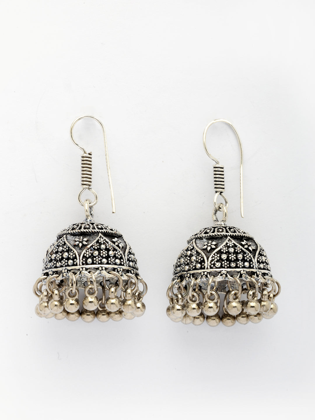 NVR Women German Silver Oxidized Floral Design Jhumka Earrings