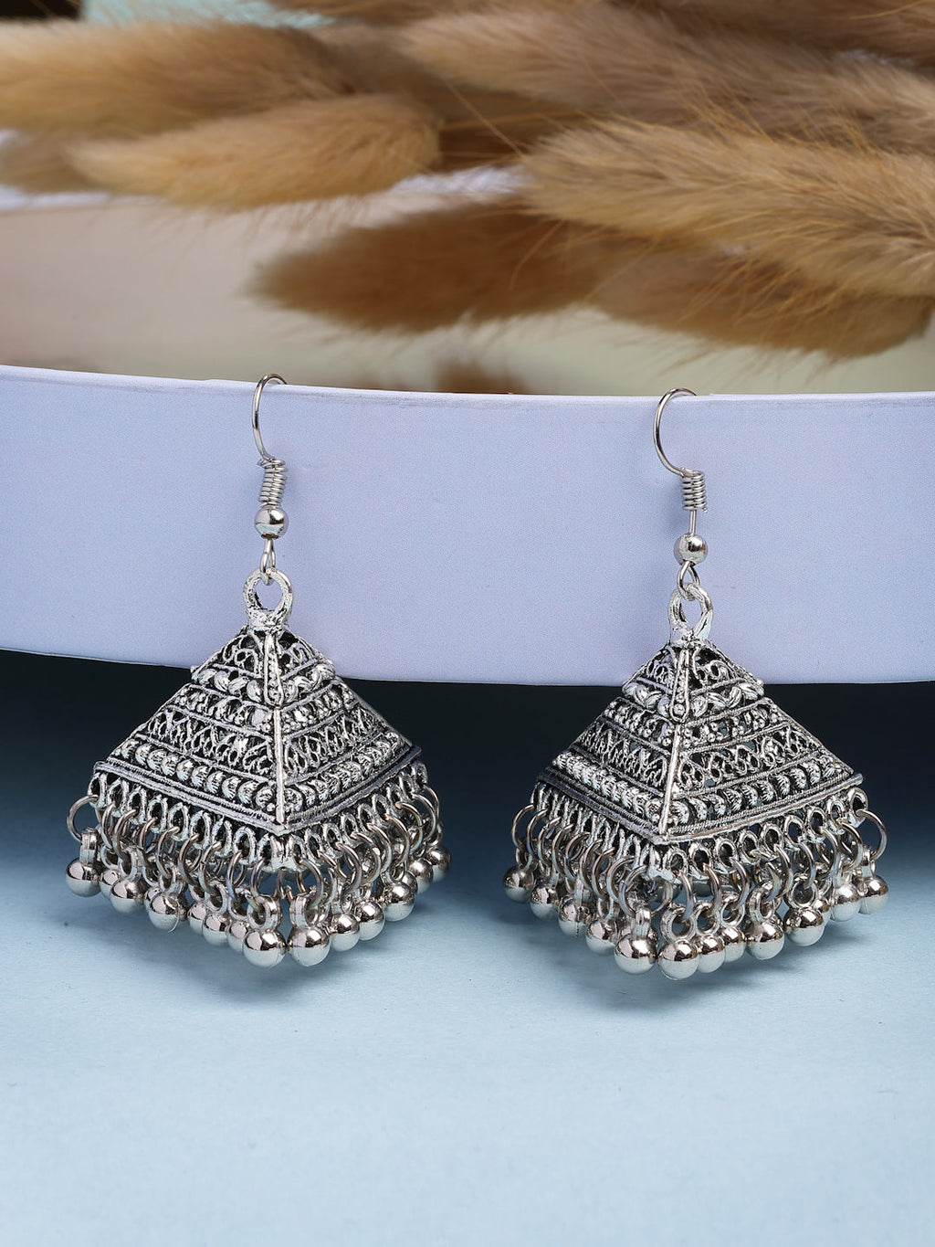 NVR Women's Triangular Shaped Hook Silver Plating Oxidized Jhumka Earrings | Grocsy