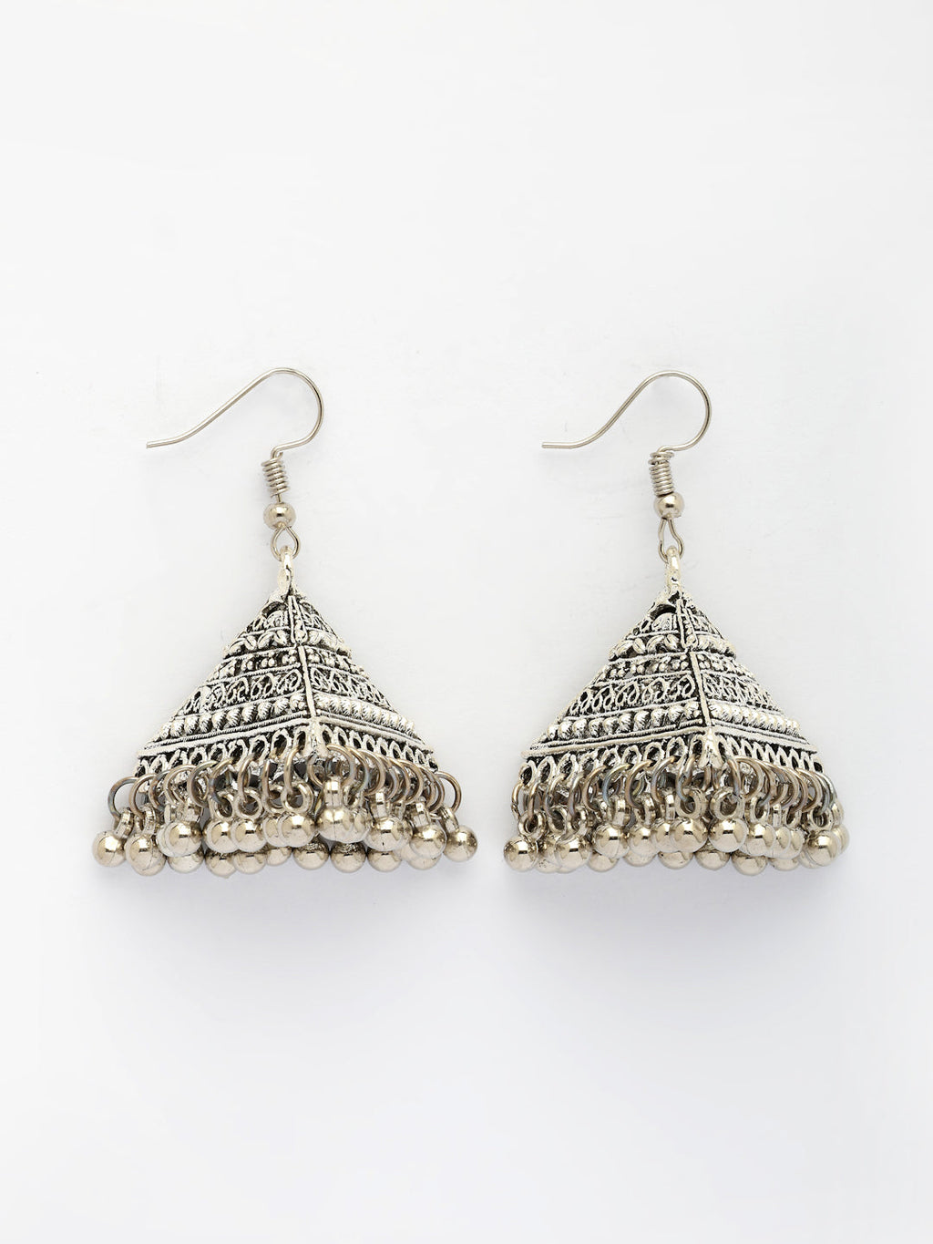 NVR Women's Triangular Shaped Hook Silver Plating Oxidized Jhumka Earrings | Grocsy