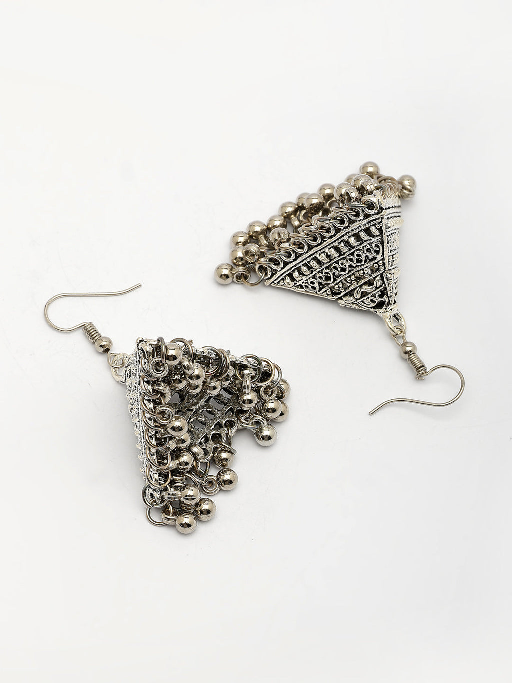 NVR Women's Triangular Shaped Hook Silver Plating Oxidized Jhumka Earrings | Grocsy