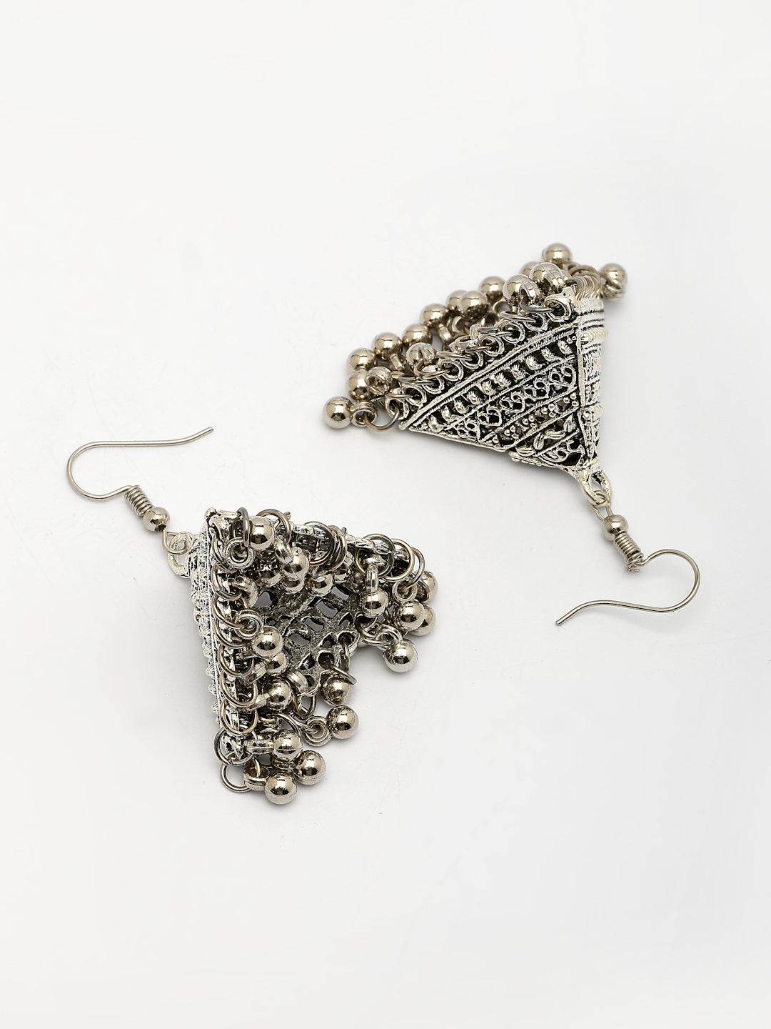 NVR Women's Triangular Shaped Hook Silver Plating Oxidized Jhumka Earrings | Grocsy