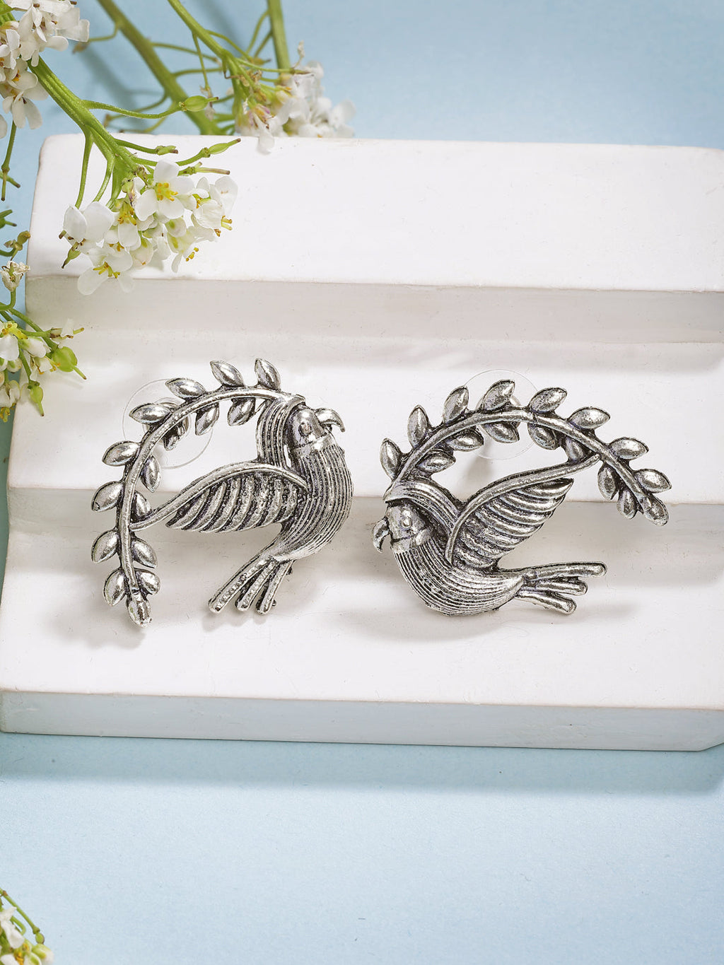 NVR Women Silver Toned Oxidized Pigeon Design Drop Earrings | Grocsy