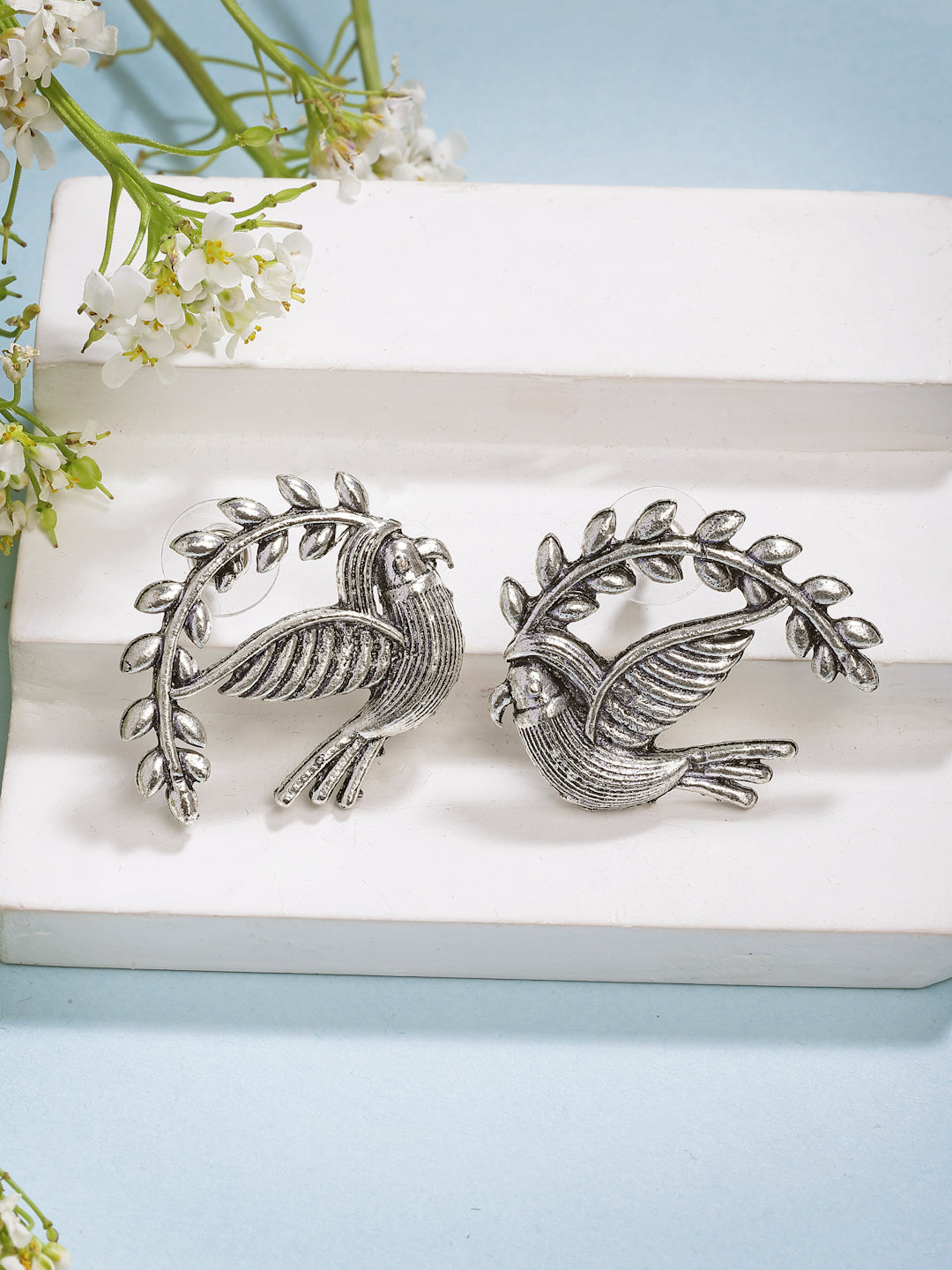 NVR Women Silver Toned Oxidized Pigeon Design Drop Earrings | Grocsy