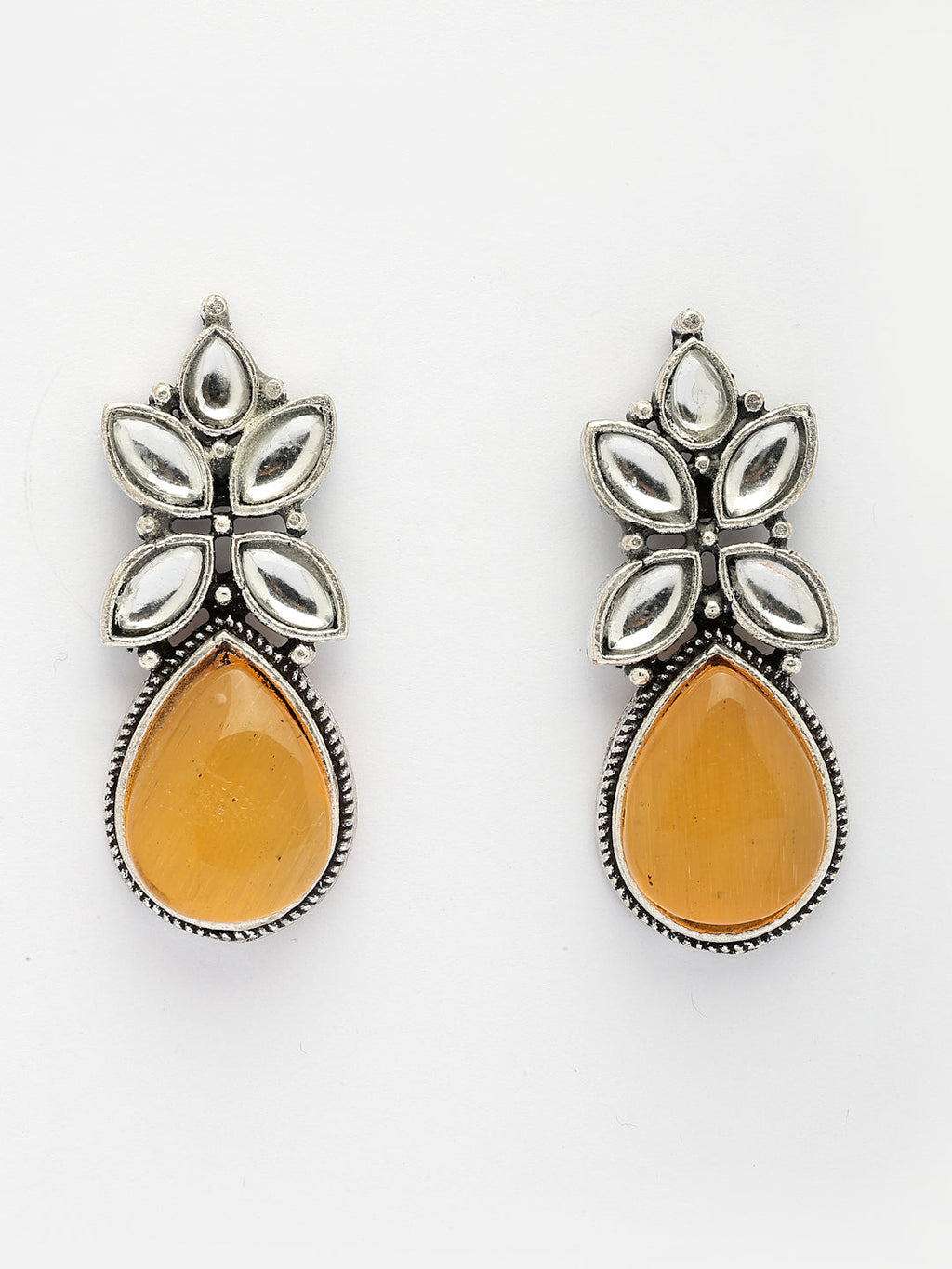 NVR Women Yellow Artificial Stones Silver Plated Drop Earrings