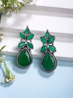 NVR Women Green Artificial Stones Silver Plated Drop Earrings | Grocsy