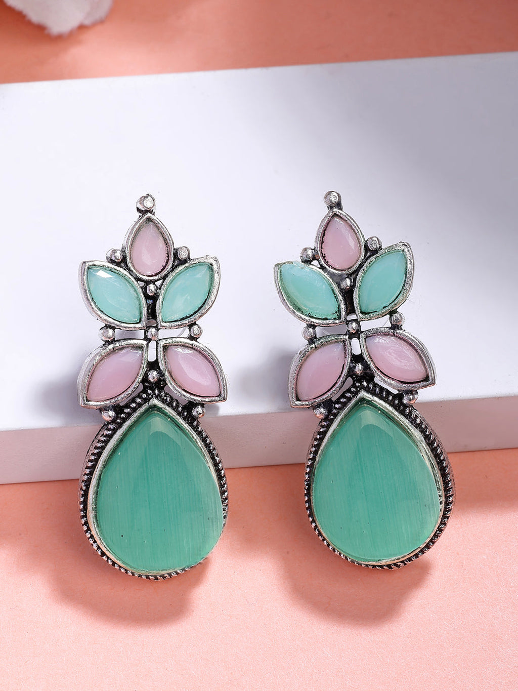 NVR Women Green & Pink Artificial Stones Silver Plated Drop Earrings | Grocsy