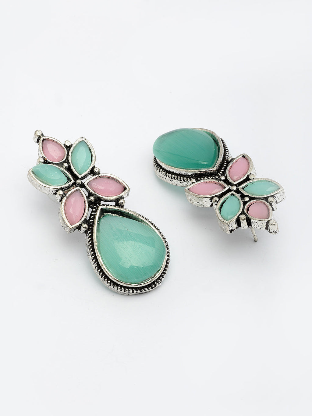 NVR Women Green & Pink Artificial Stones Silver Plated Drop Earrings | Grocsy