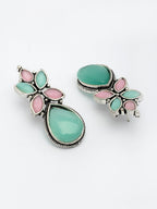 NVR Women Green & Pink Artificial Stones Silver Plated Drop Earrings | Grocsy