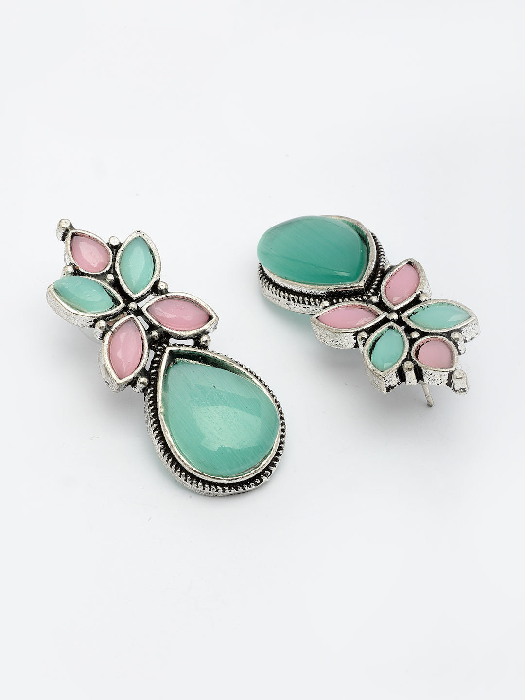 NVR Women Green & Pink Artificial Stones Silver Plated Drop Earrings | Grocsy
