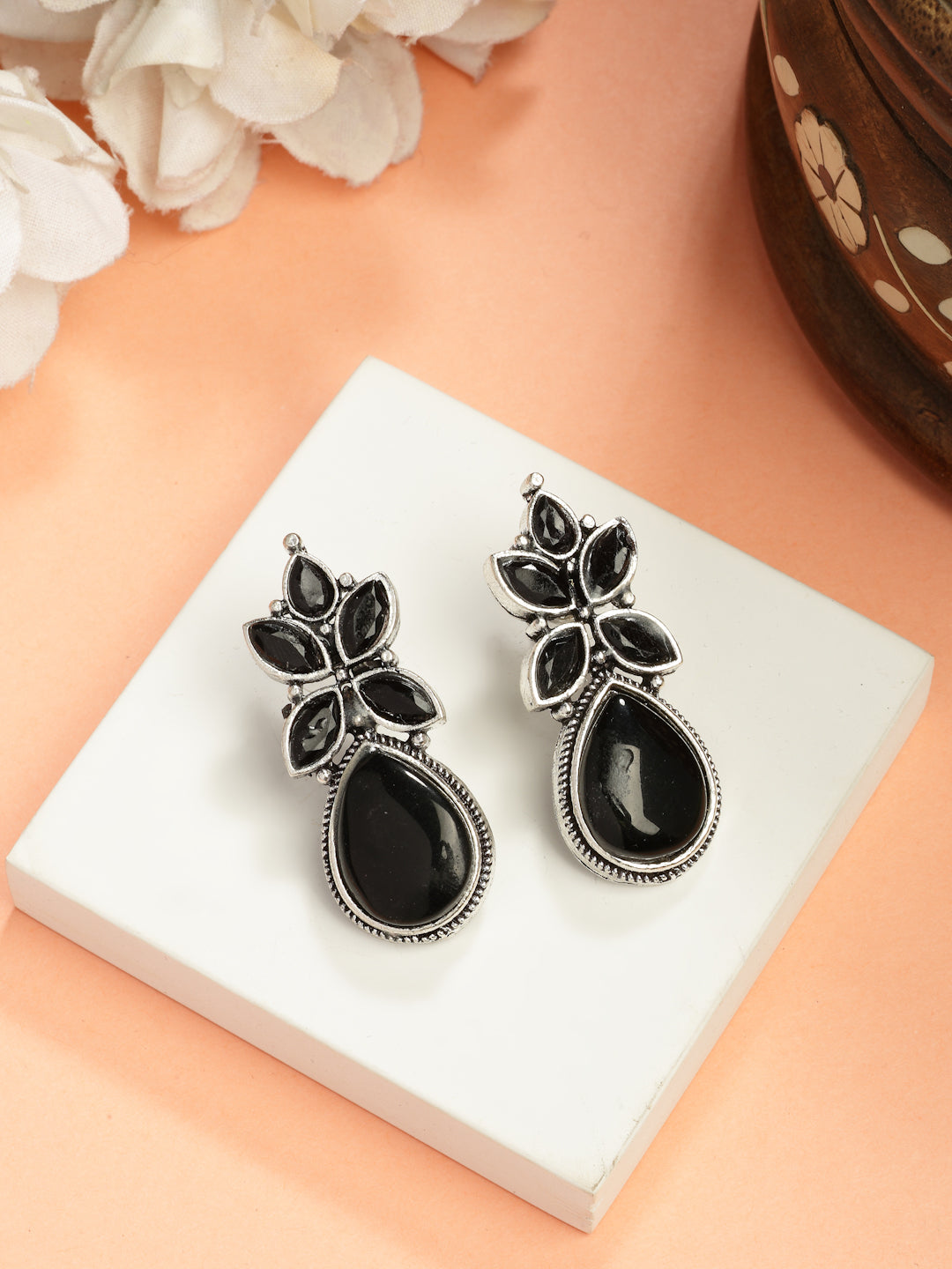 NVR Women Black Artificial Stones Silver Plated Drop Earrings | Grocsy