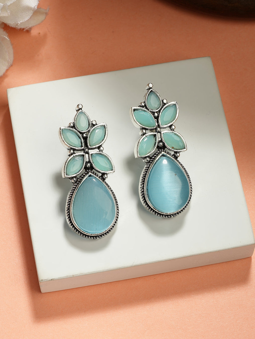 NVR Women Blue Artificial Stones Silver Plated Drop Earrings | Grocsy