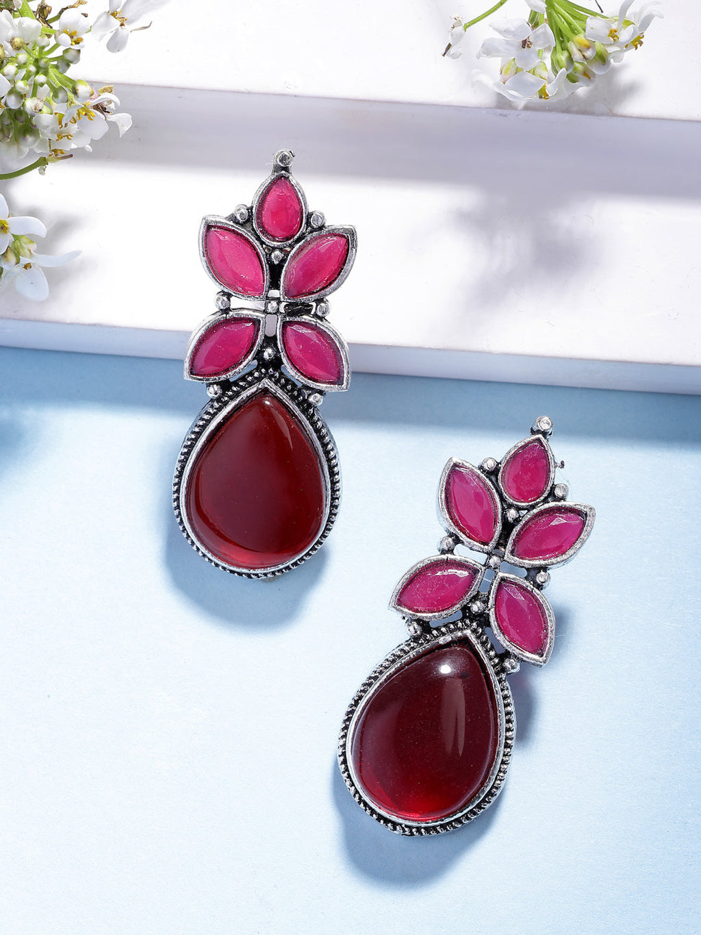 NVR Women Red Artificial Stones Silver Plated Drop Earrings | Grocsy