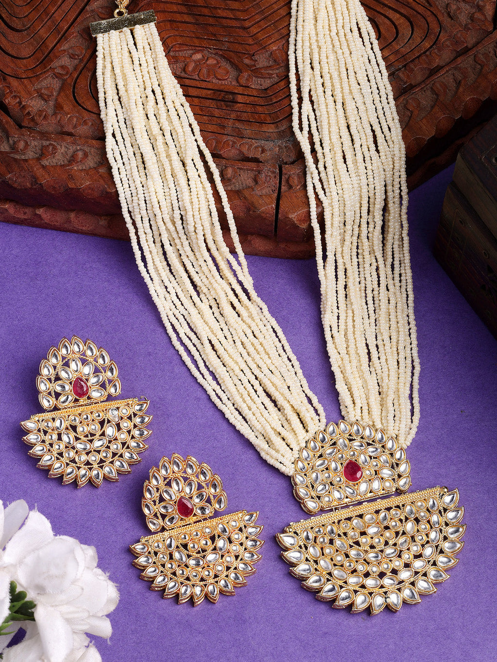 NVR Women's Gold Toned Red Stones & Kundan Studded Jewellery Set | Grocsy