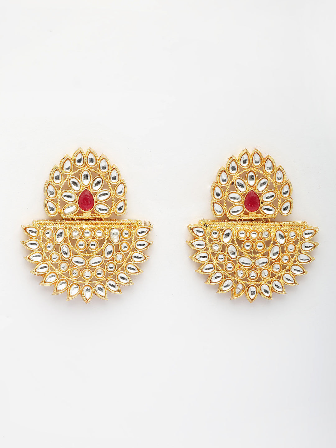 NVR Women's Gold Toned Red Stones & Kundan Studded Jewellery Set | Grocsy