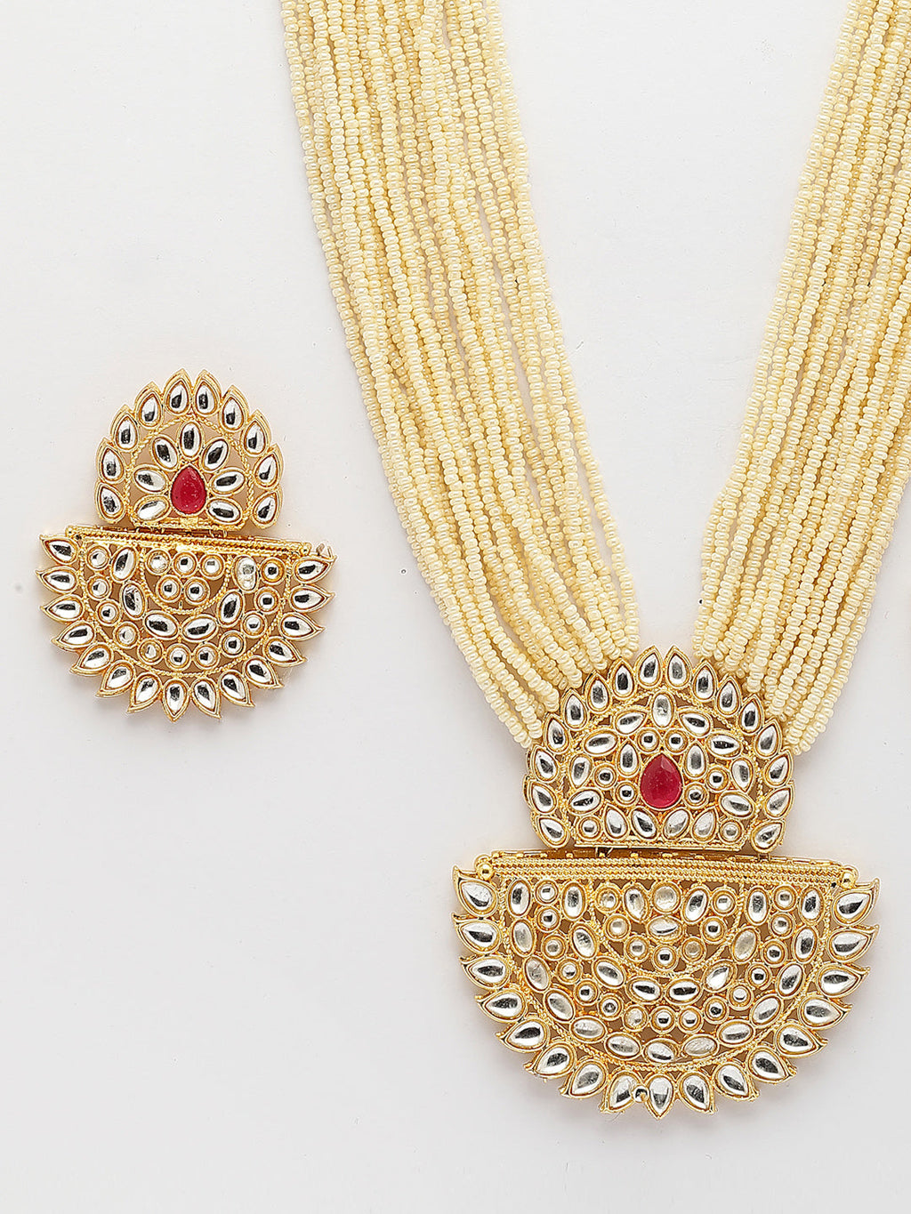 NVR Women's Gold Toned Red Stones & Kundan Studded Jewellery Set | Grocsy