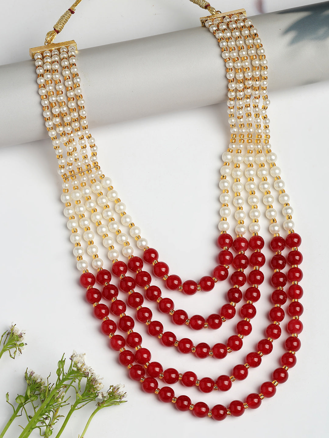 NVR Women Handcrafted Red & White Beaded Layered Necklace | Grocsy
