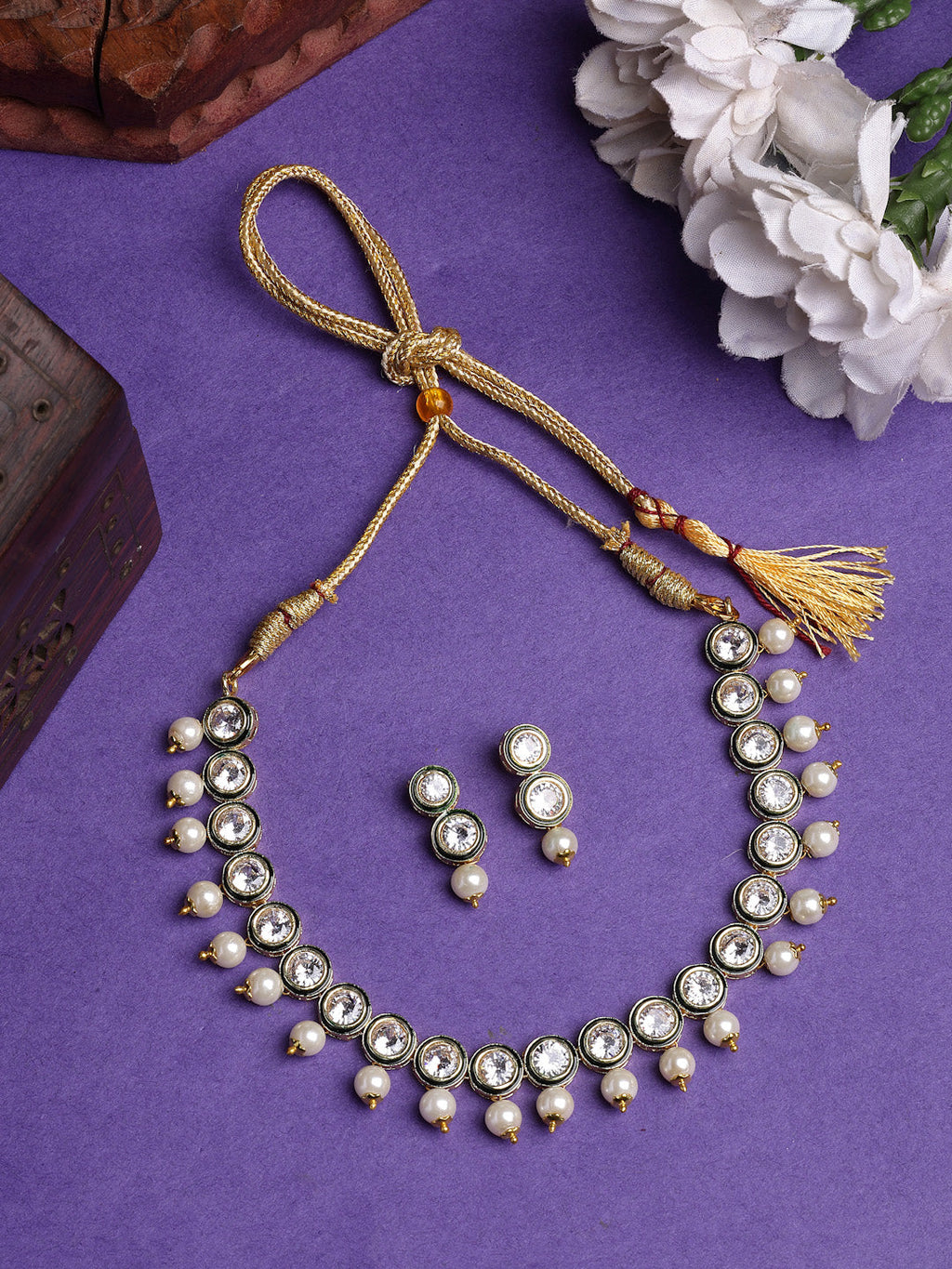 NVR Women Gold-Polished Round Shape Kundan Studded Short Jewellery Set | Grocsy