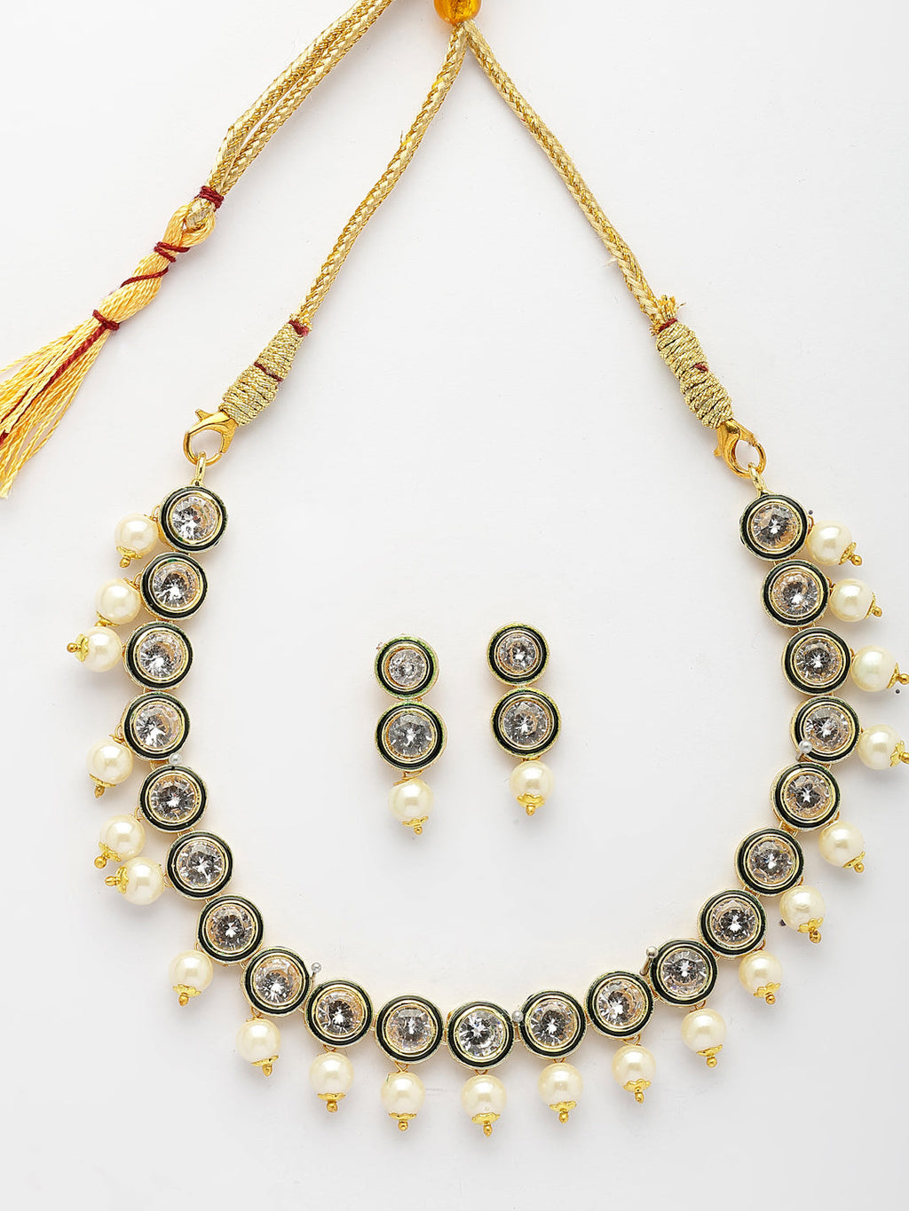 NVR Women Gold-Polished Round Shape Kundan Studded Short Jewellery Set | Grocsy