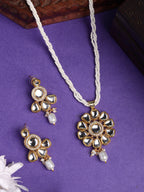 NVR Women Gold-Polished Kundan Studded & Pearls Long Jewellery Set | Grocsy