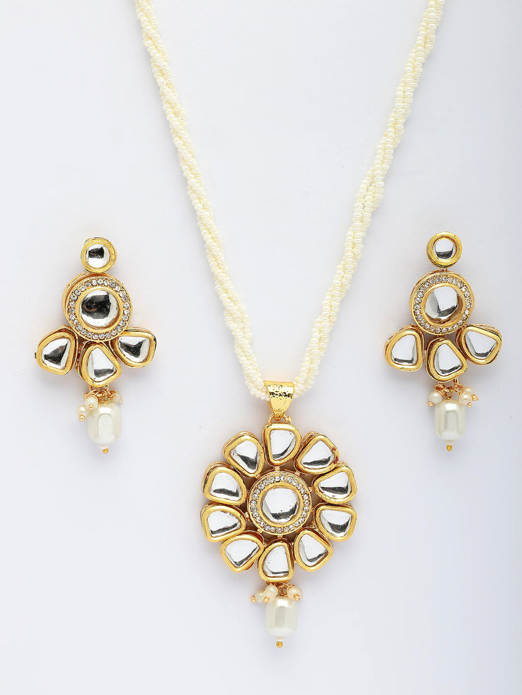 NVR Women Gold-Polished Kundan Studded & Pearls Long Jewellery Set | Grocsy