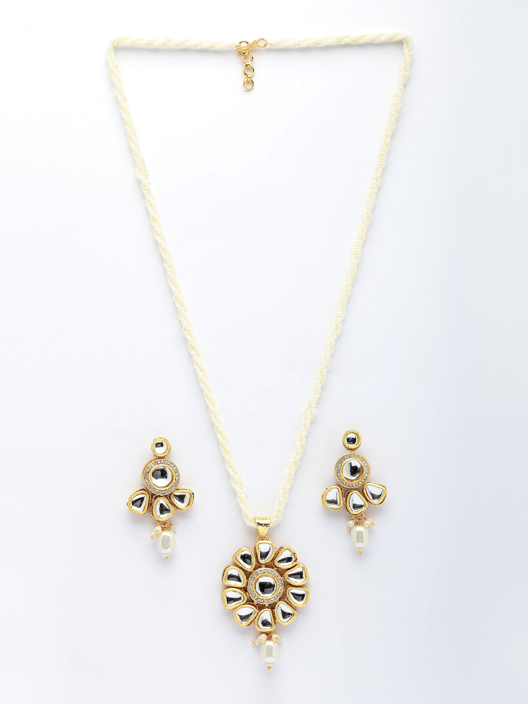 NVR Women Gold-Polished Kundan Studded & Pearls Long Jewellery Set | Grocsy