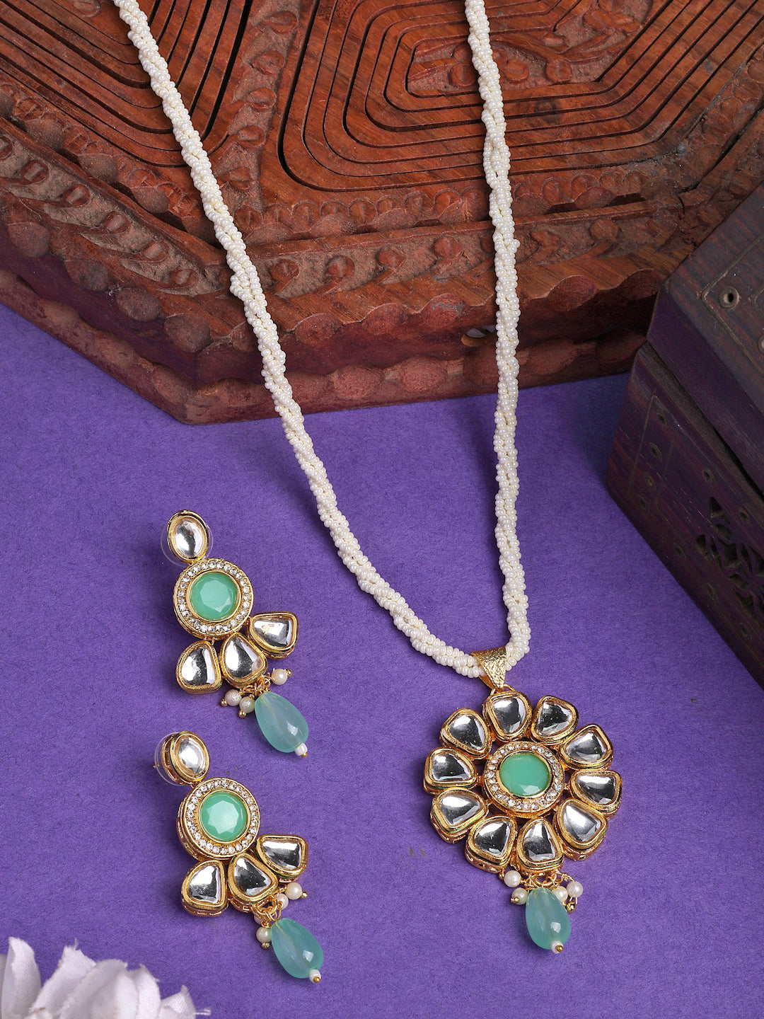 NVR Women Green Stones with Kundan Studded Long Jewellery Set | Grocsy