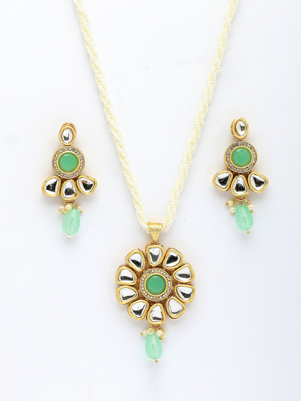 NVR Women Green Stones with Kundan Studded Long Jewellery Set | Grocsy