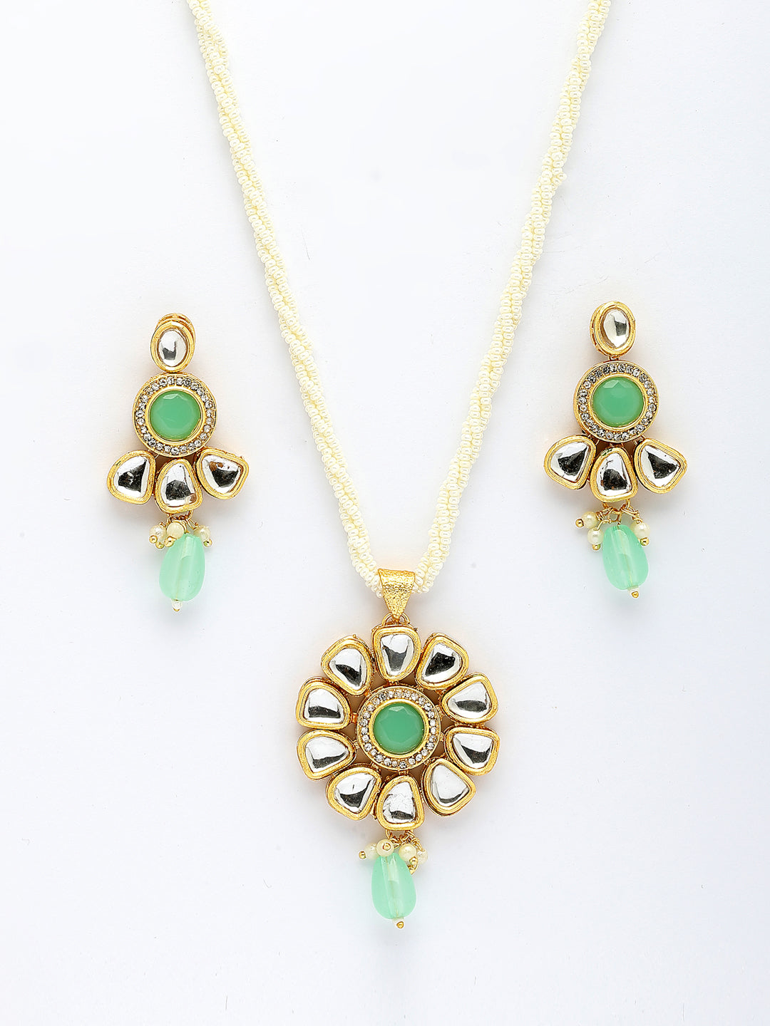 NVR Women Green Stones with Kundan Studded Long Jewellery Set | Grocsy