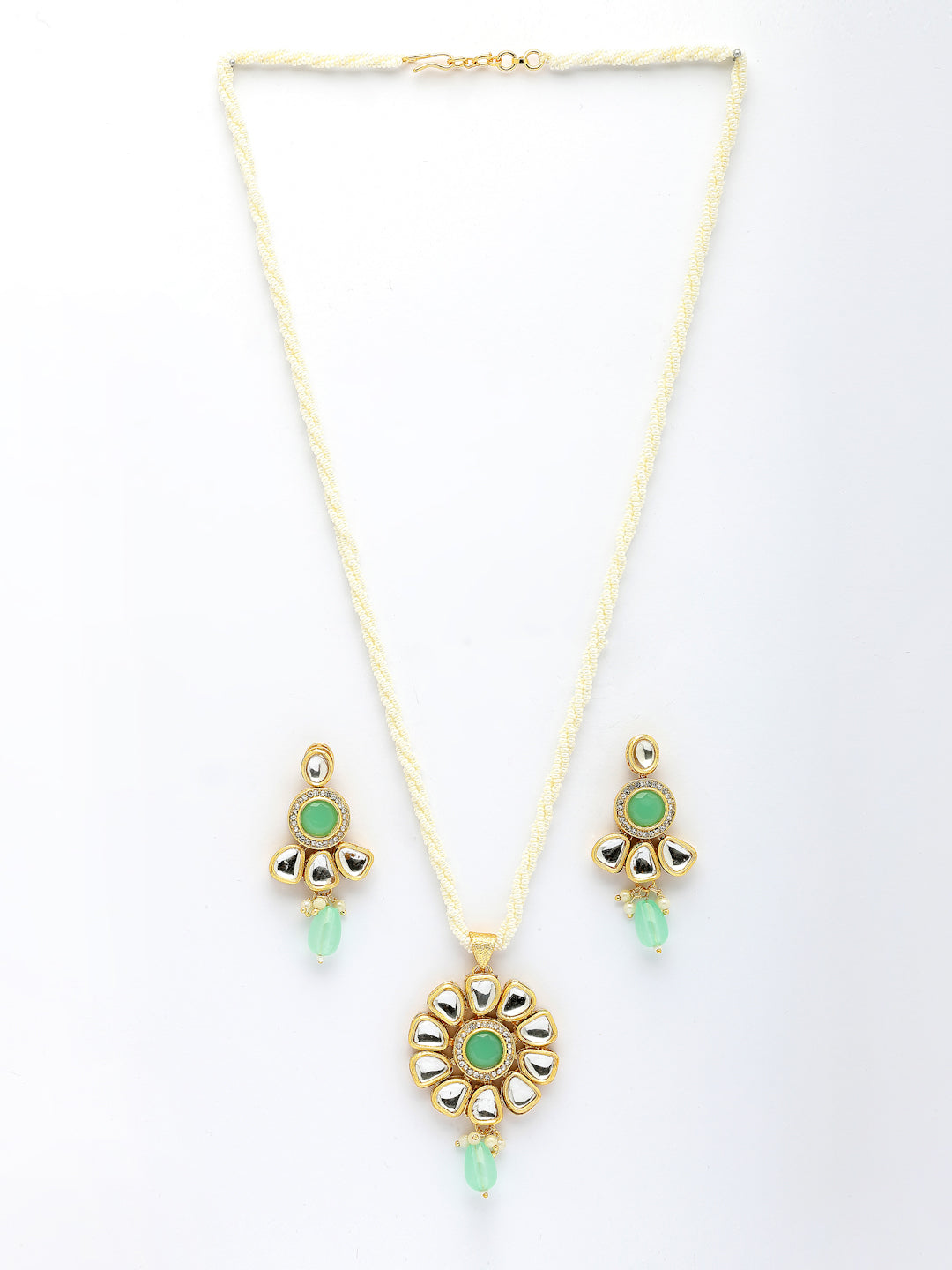 NVR Women Green Stones with Kundan Studded Long Jewellery Set | Grocsy