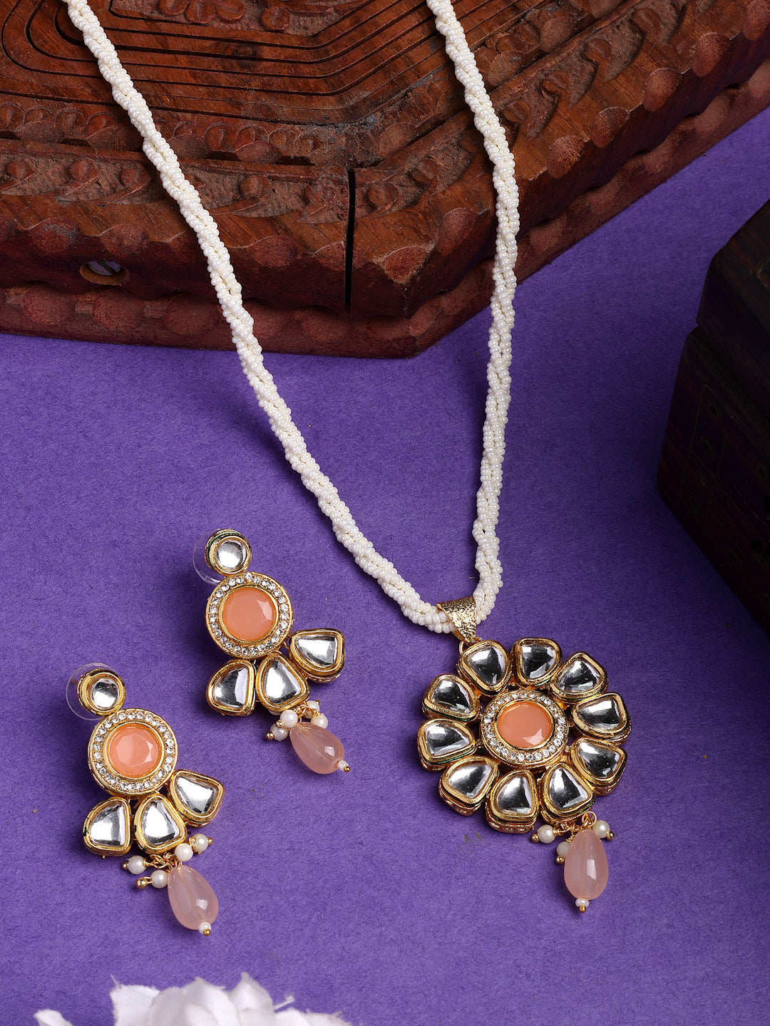 NVR Women Peach Stones with Kundan Studded Long Jewellery Set