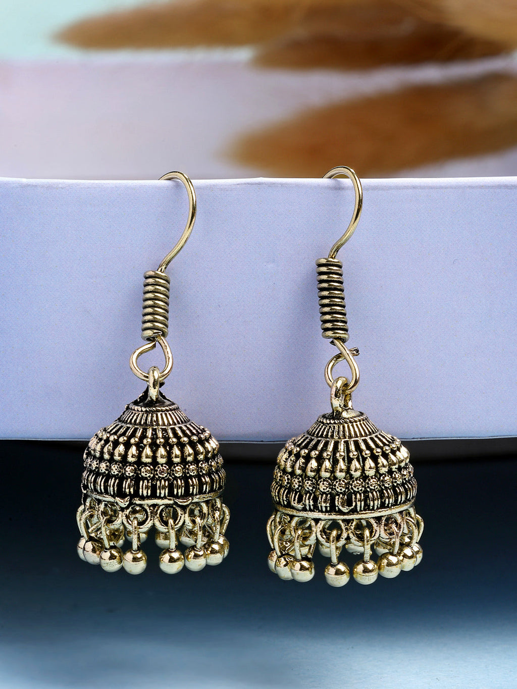 NVR Women Gold-Polished Traditional Oxidized Jhumka Earrings