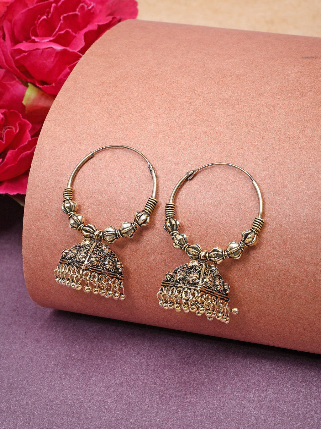 NVR Women's Ethnic Gold-Polished Oxidized Jhumka Earrings