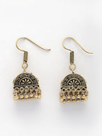NVR Women Gold-Polished Oxidized Contemporary Jhumka Earrings