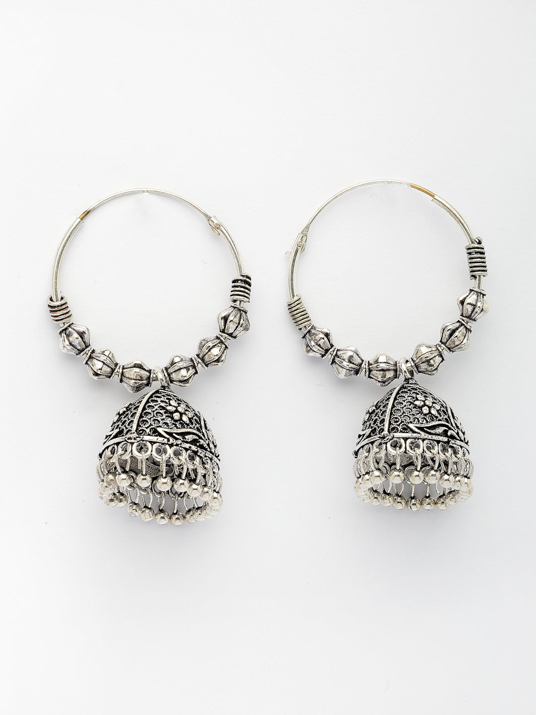 NVR Women's Silver Plated Oxidized Contemporary Jhumka Earrings