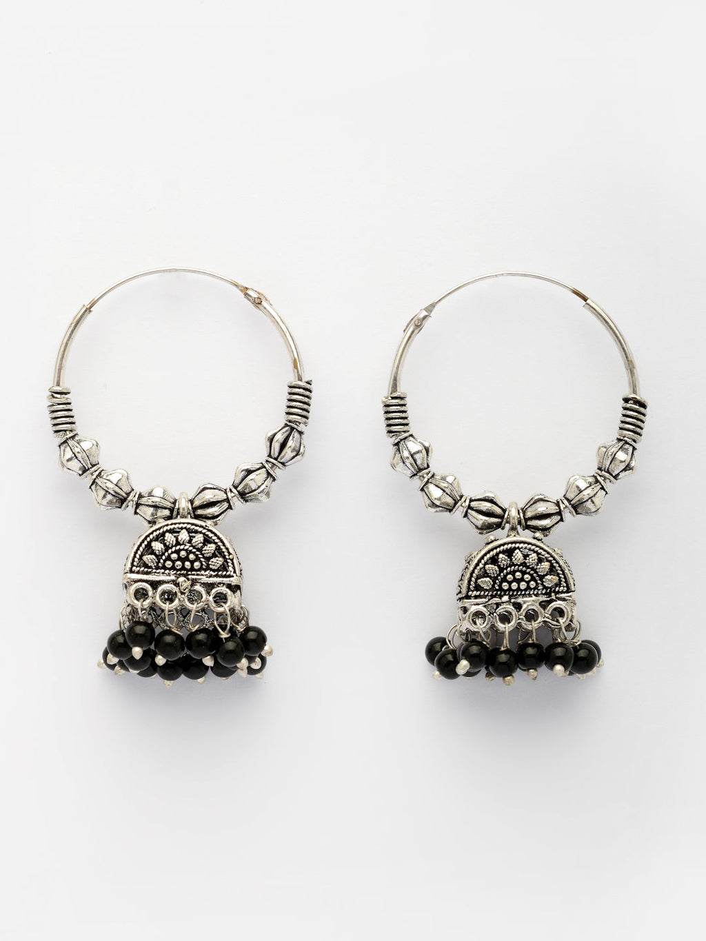 NVR Women Oxidized Silver Plated Black Artificial Beads Jhumka Earrings