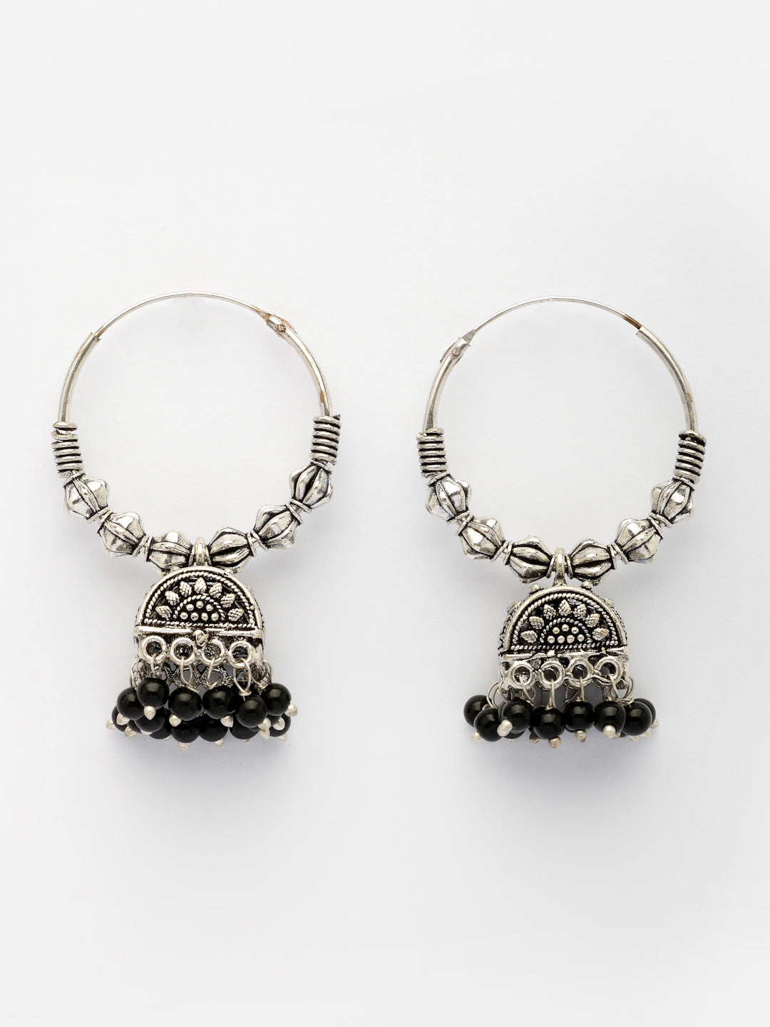 NVR Women Oxidized Silver Plated Black Artificial Beads Jhumka Earrings