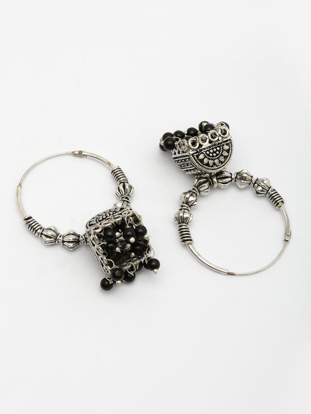 NVR Women Oxidized Silver Plated Black Artificial Beads Jhumka Earrings