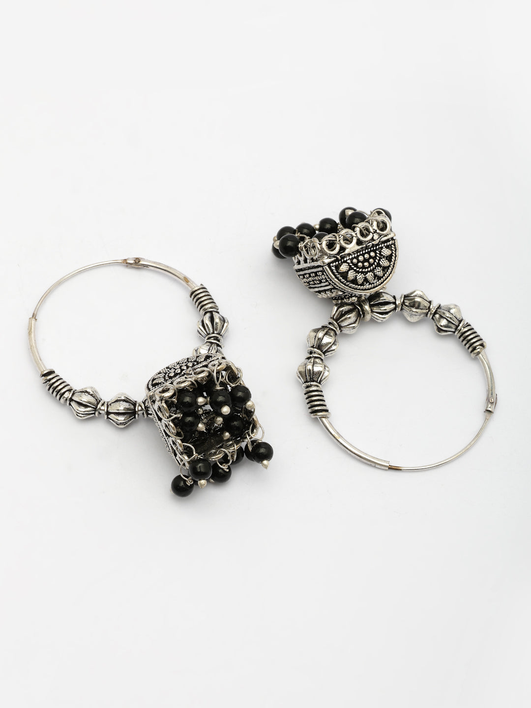 NVR Women Oxidized Silver Plated Black Artificial Beads Jhumka Earrings