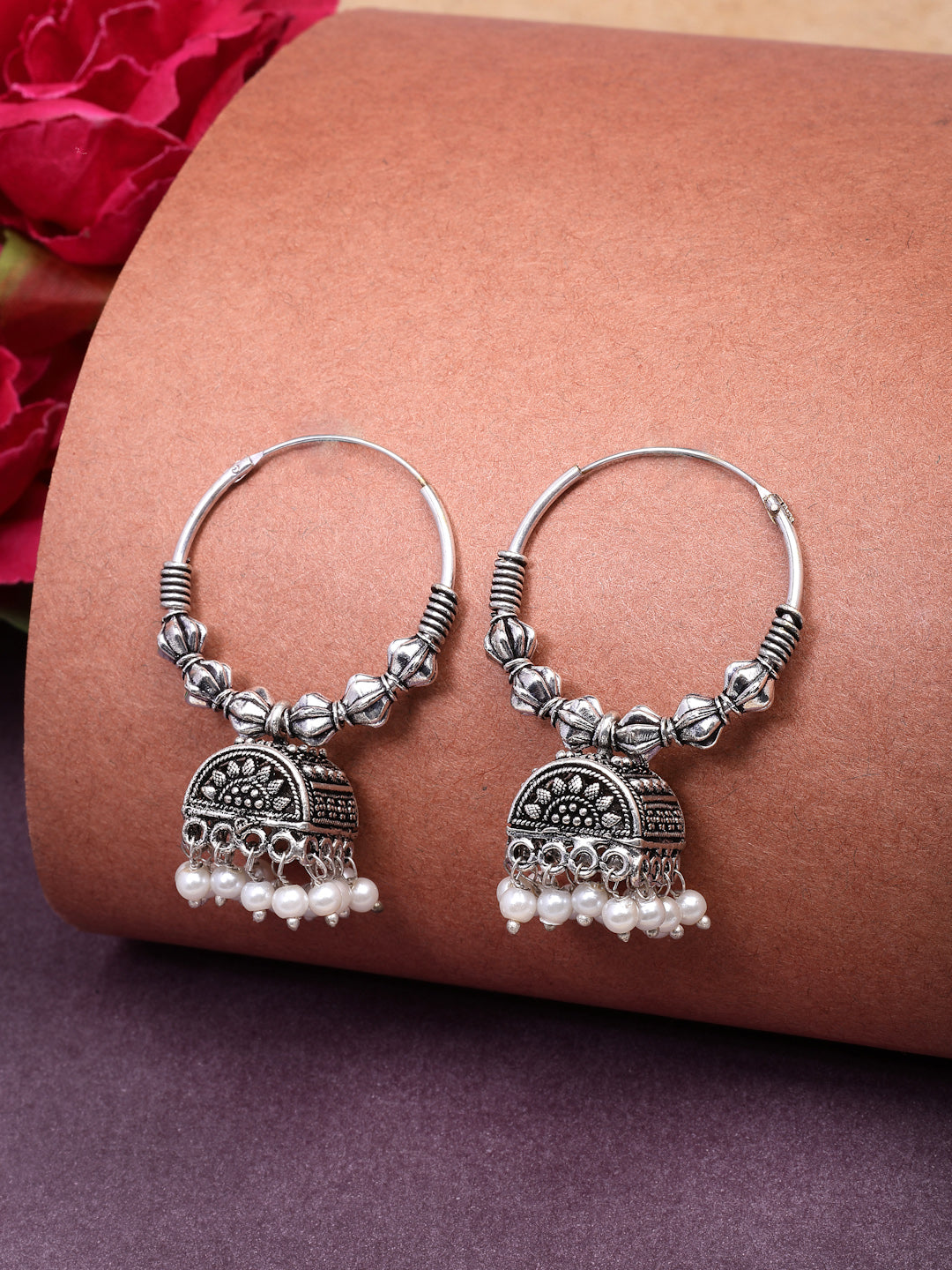 NVR Women Oxidized Silver Plated White Artificial Beads Jhumka Earrings | Grocsy