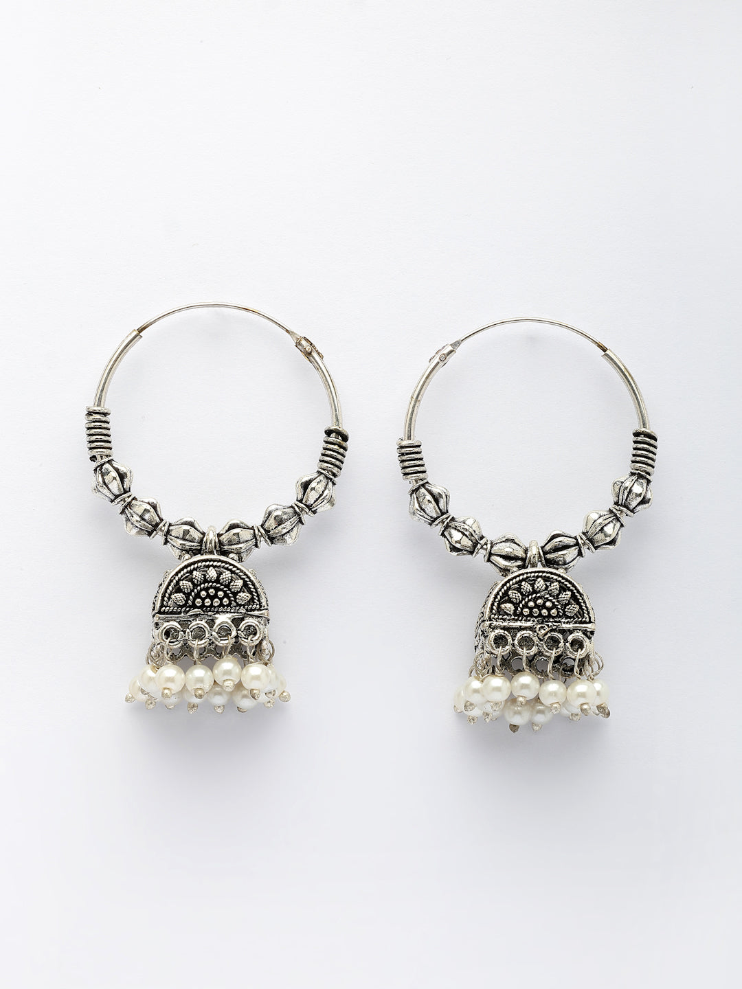 NVR Women Oxidized Silver Plated White Artificial Beads Jhumka Earrings | Grocsy