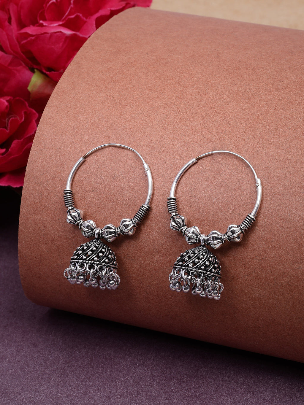 NVR Women's Ethnic Silver Plated Oxidized Circle Jhumka Earrings